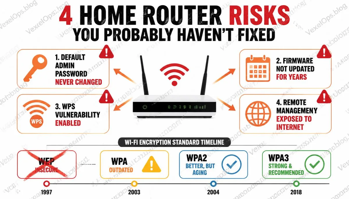 Infographic explaining common security risks of home routers and Wi-Fi encryption standards.