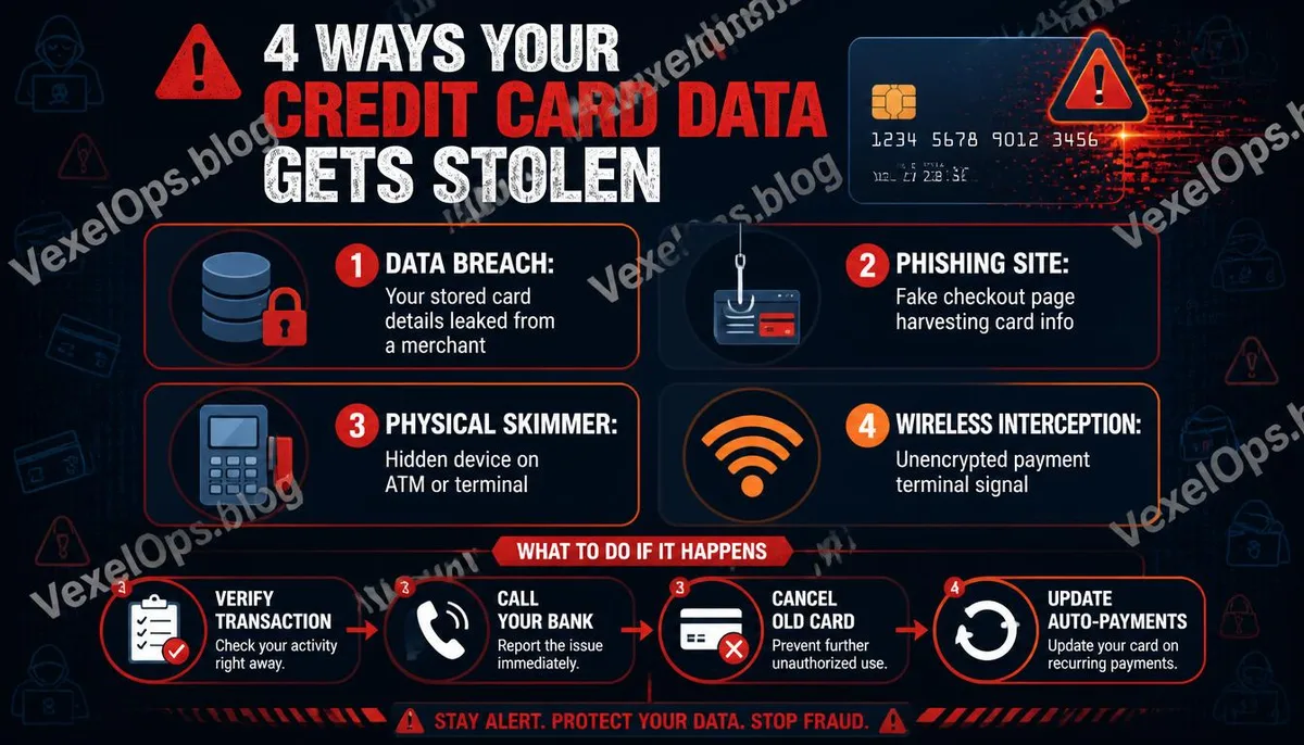 Infographic explaining the four channels of credit card data theft and processing steps after detection of unauthorized transactions.