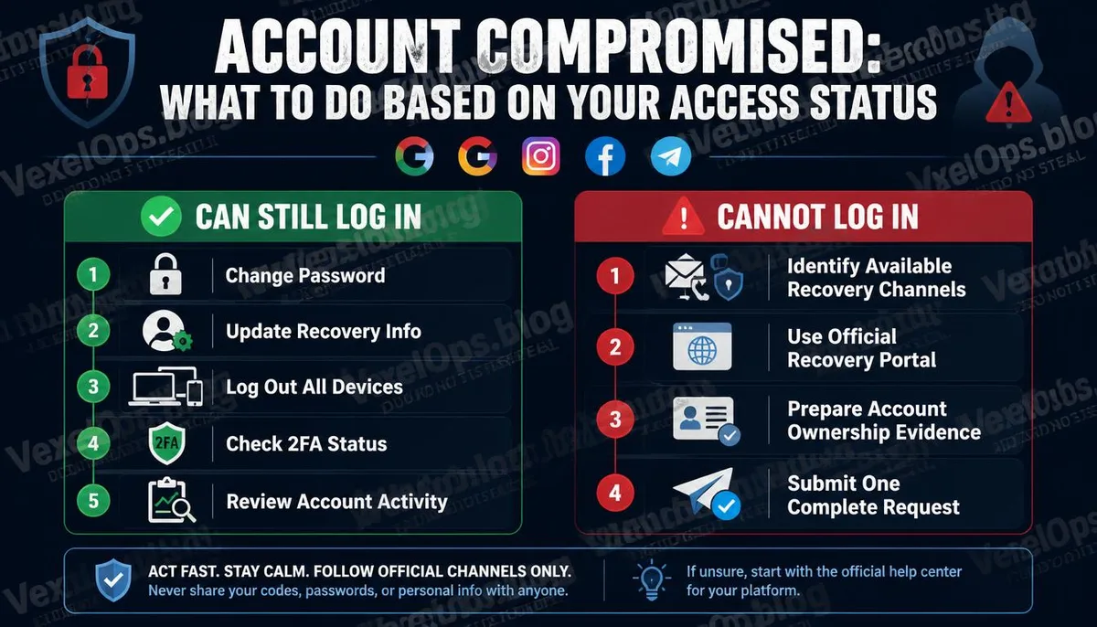 Infographic explaining the processing steps based on access status after account hacking.