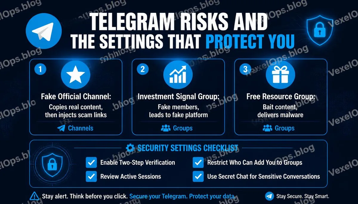 An infographic describing three common risk types for Telegram and account security settings.