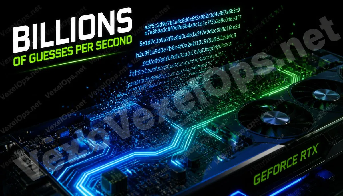 Abstract 3D visual cover image of GPU accelerated password cracking operations.