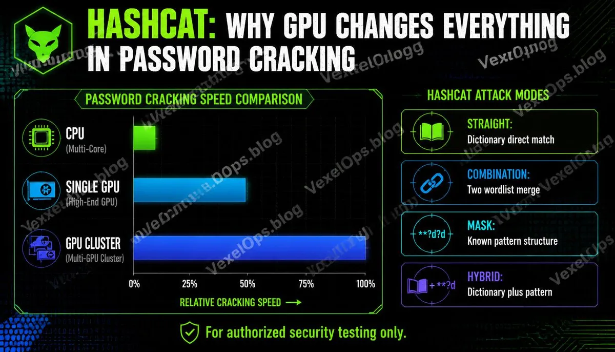 Hashcat GPU speed comparison and explanation of four attack modes infographic.