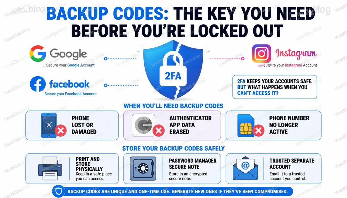 Infographic explaining when to use backup codes and three ways to securely store them.
