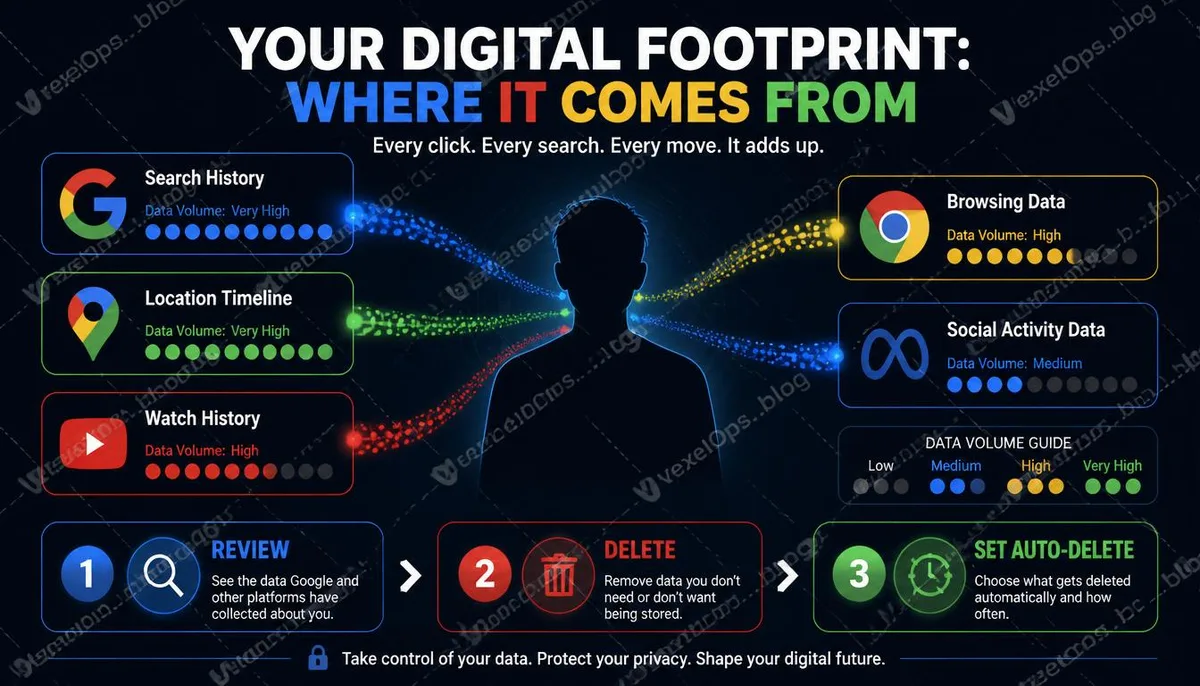 Description of five major sources of digital footprints and three proactive management steps in an infographic.