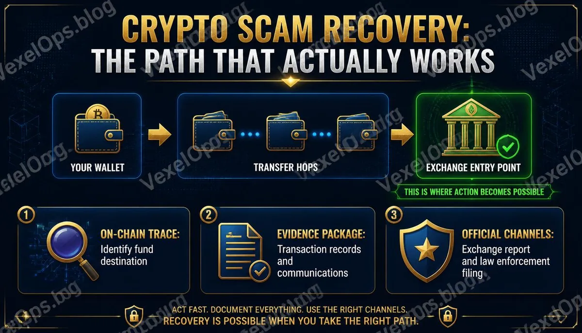 Infographic detailing on-chain tracking path for cryptocurrency fraud funds and three-step complaint process.
