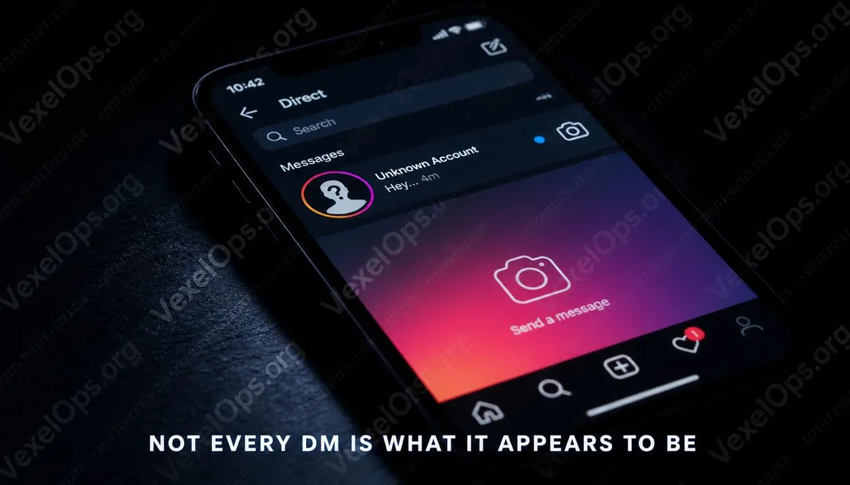 Close-up concept cover of Instagram messaging safety risks on a mobile screen.