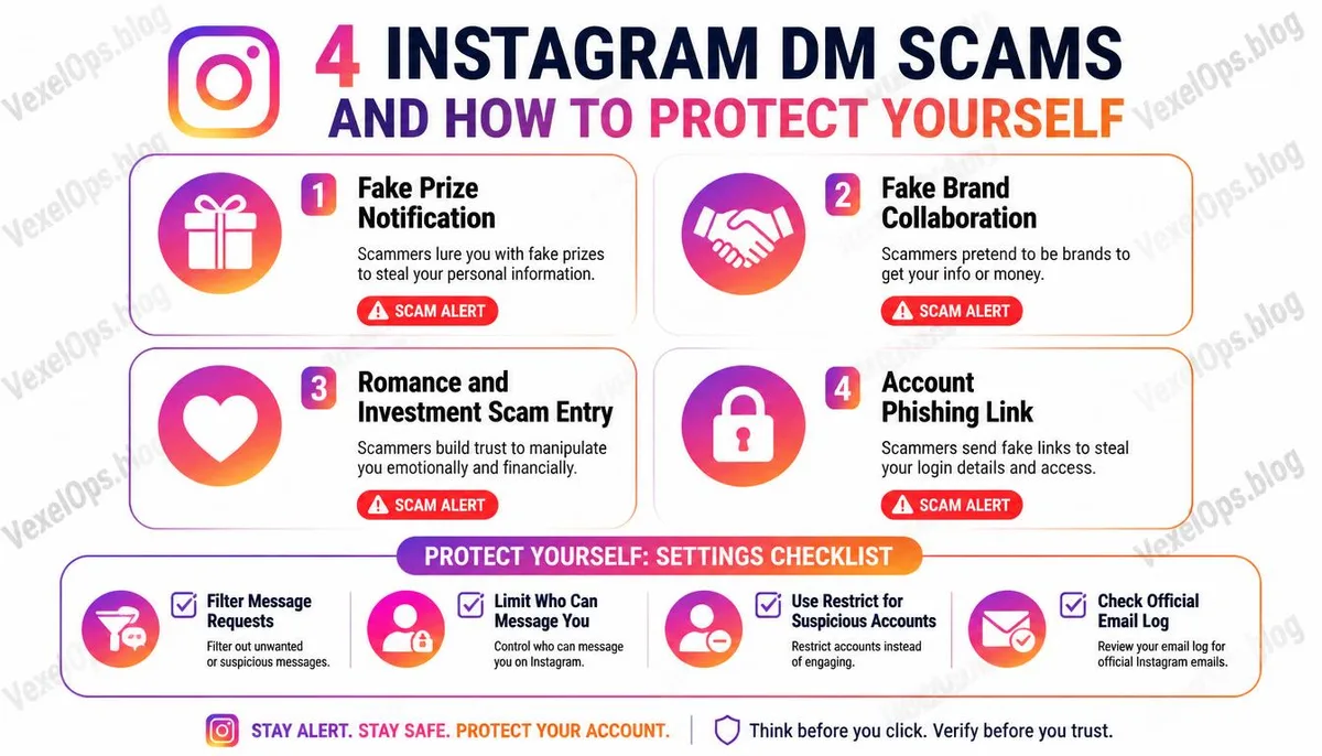 Infographic detailing four types of Instagram message scams and account protection settings.