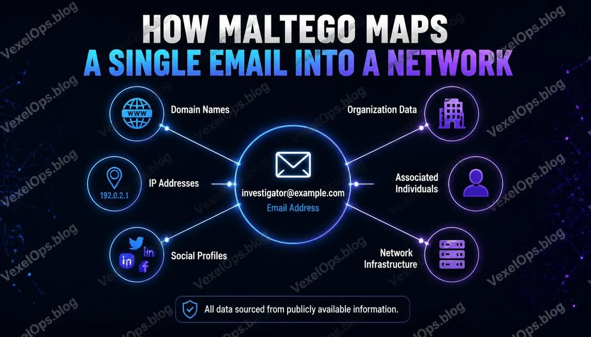 An OSINT graphic illustration showing six categories of related information stemming from a single email in Maltego.