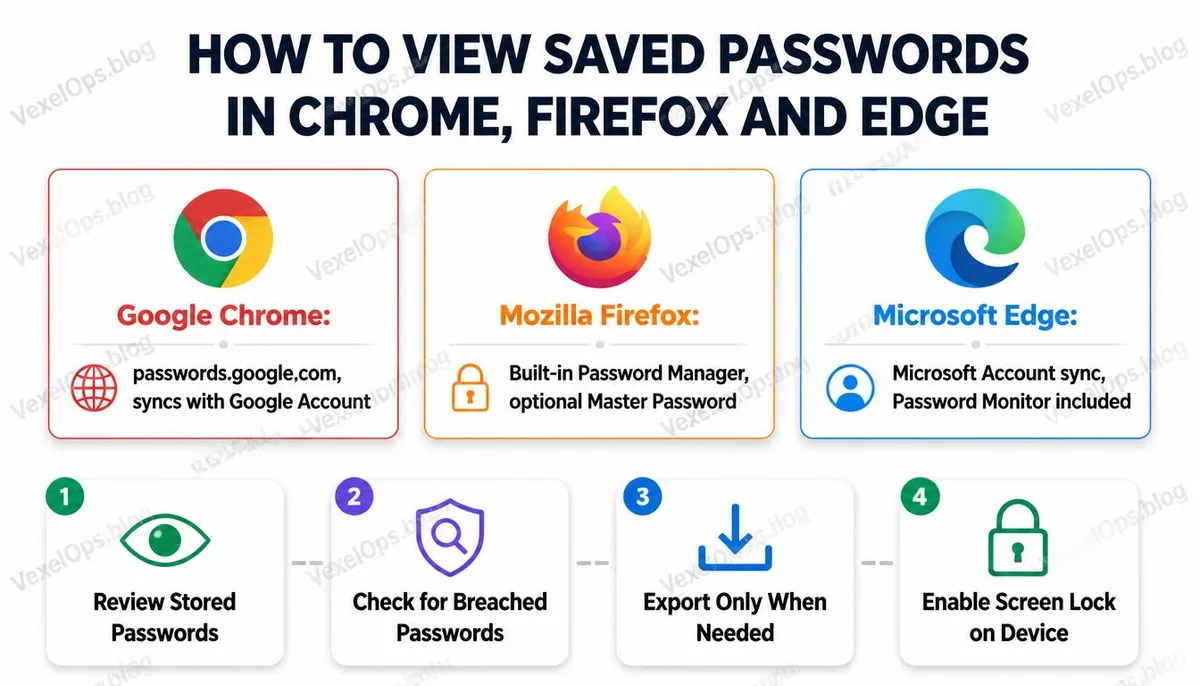 Infographic explaining how to view passwords in Chrome, Firefox, and Edge, along with security advice.