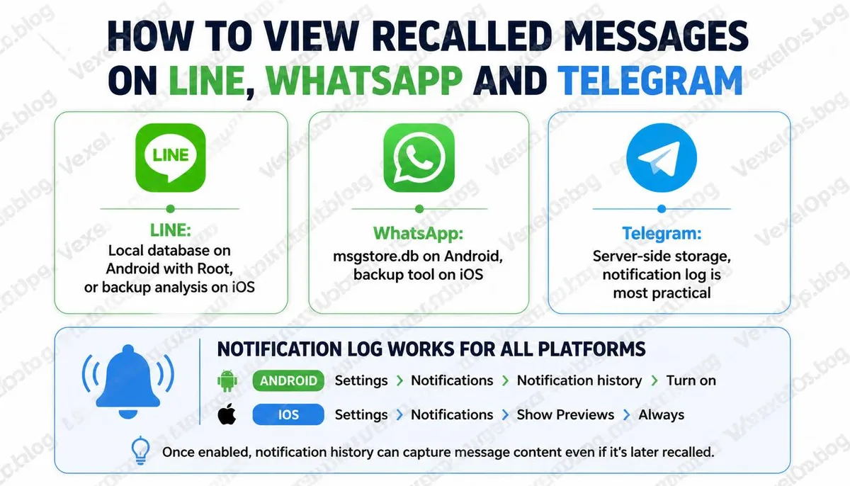 Infographic explaining the ways to view recalled messages on LINE, WhatsApp, and Telegram.