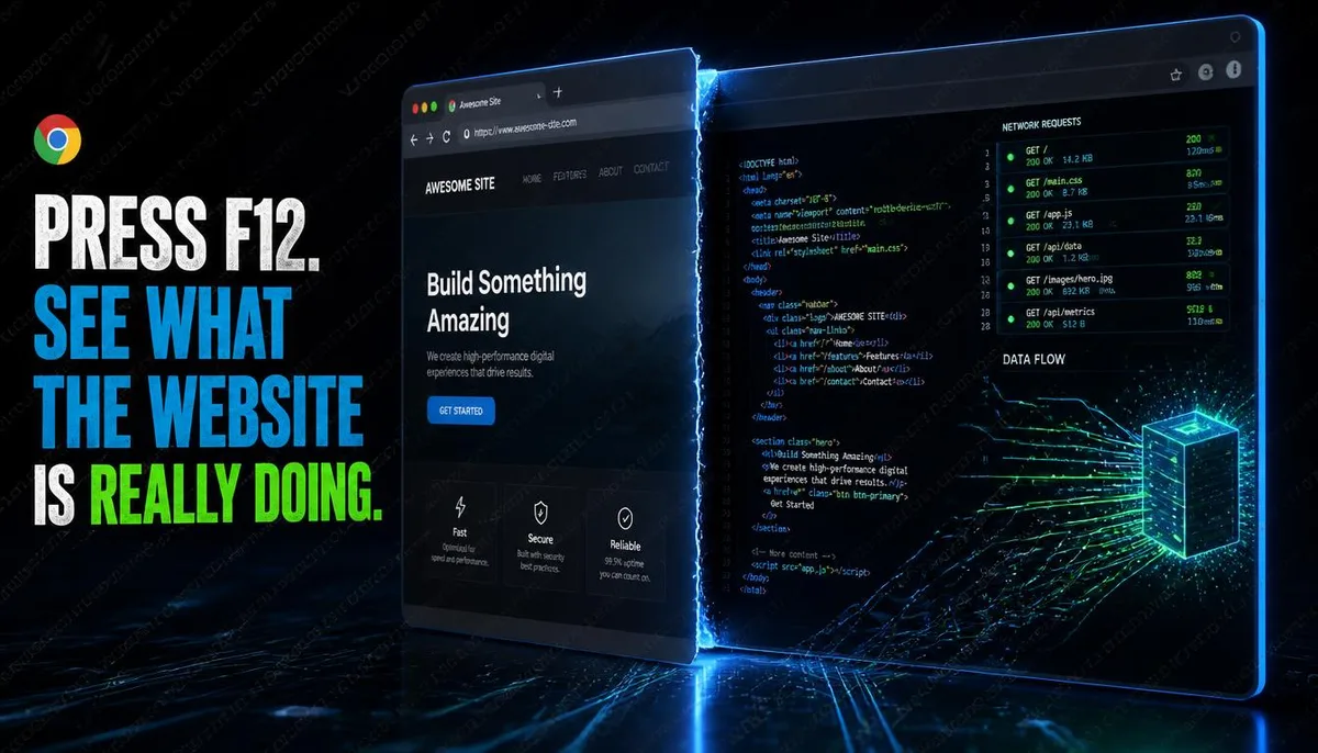 Cover image illustrating the technical details revealed by the F12 Developer Tools in a 3D concept.