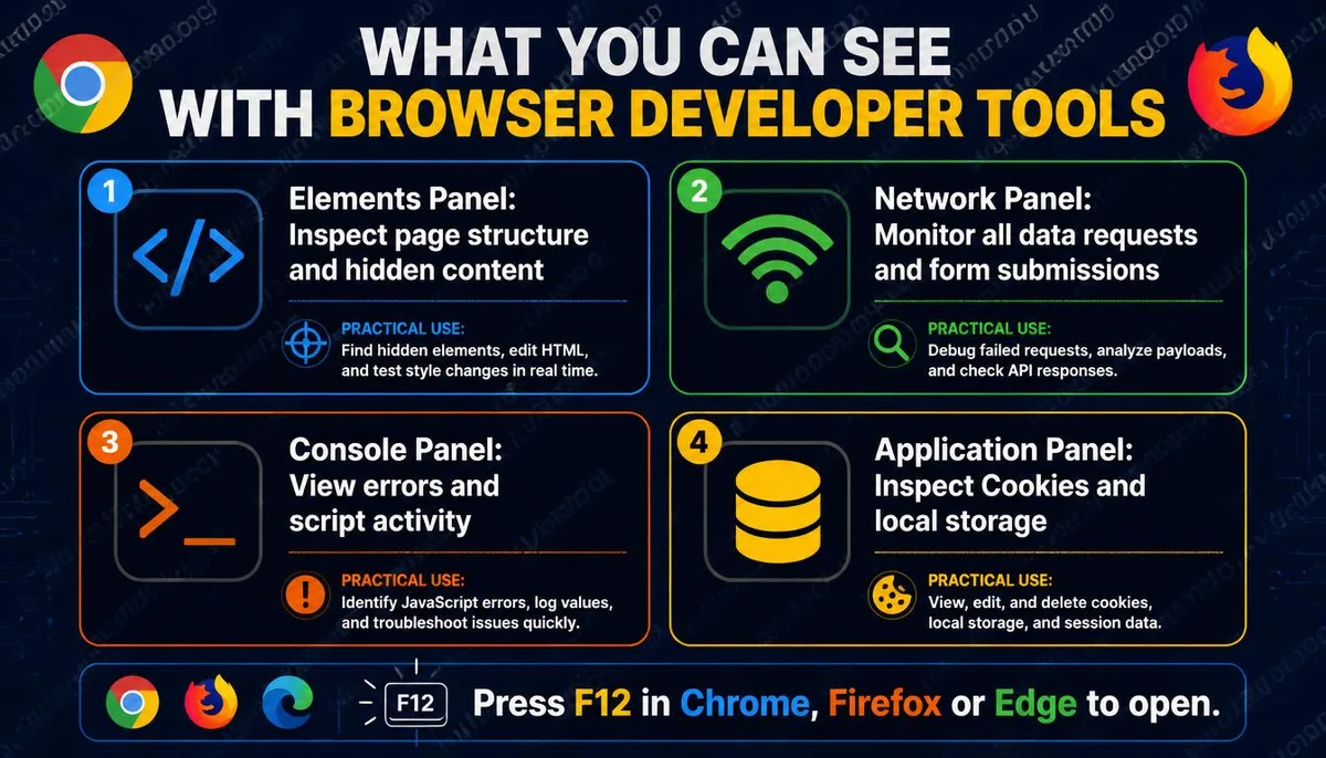 Illustration explaining the four main panel functions of the browser developer tools.