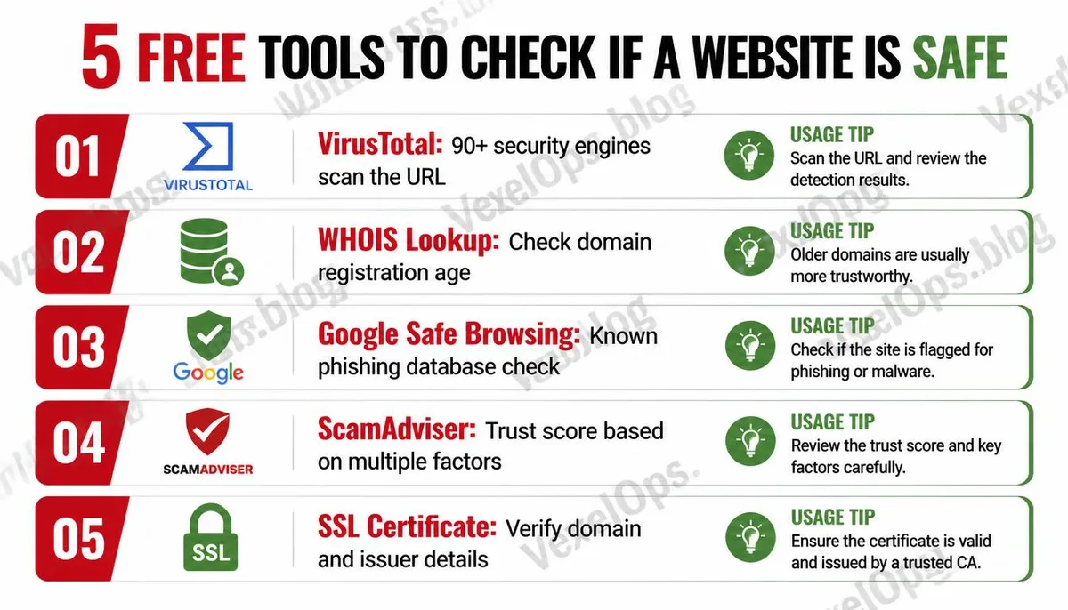 An infographic explaining five free website safety verification tools.