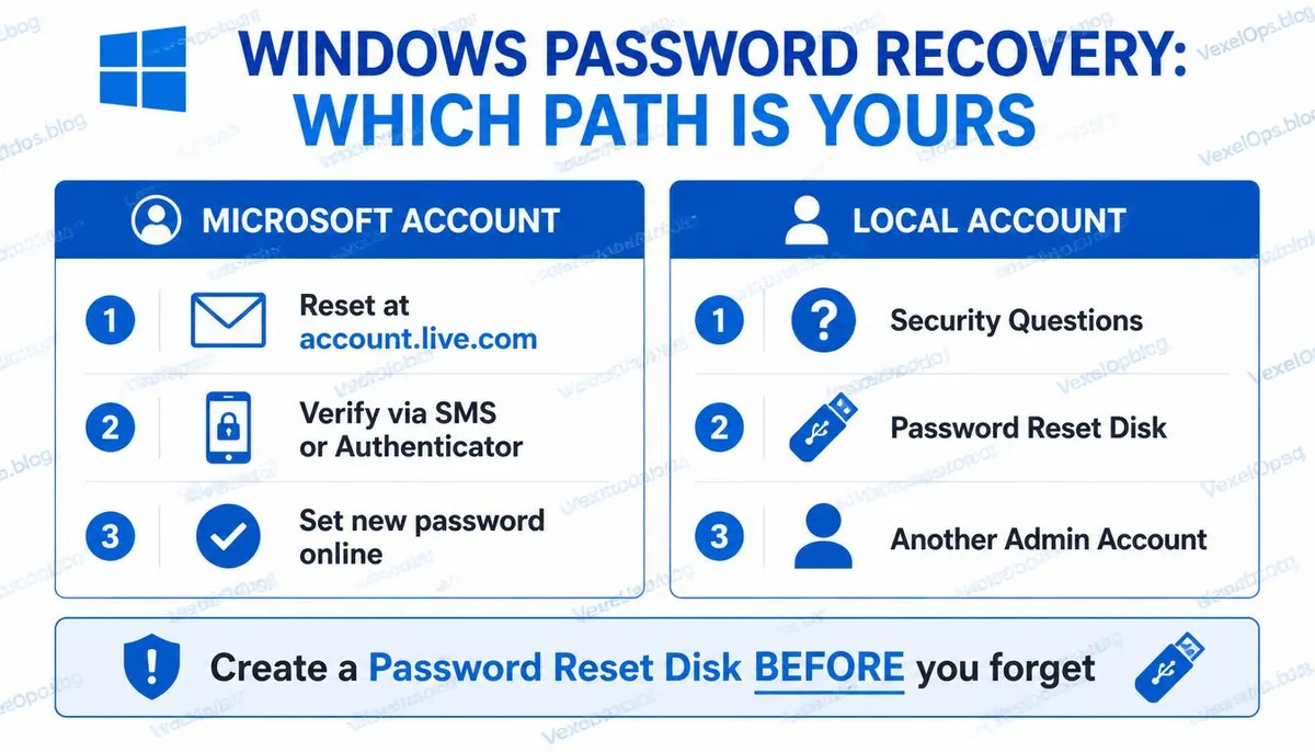 Infographic comparing password recovery paths for Microsoft and local accounts in Windows.