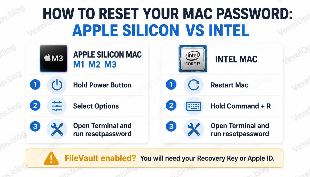 Infographic comparing password reset steps for Apple Silicon and Intel Macs.