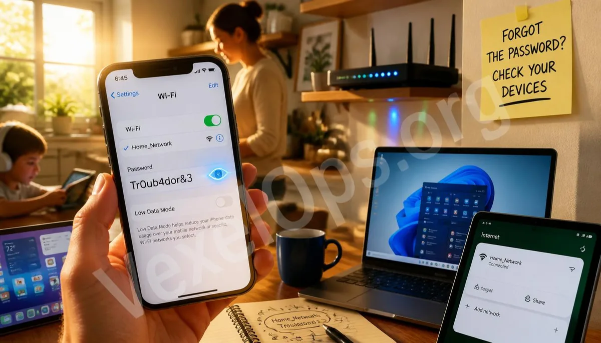 Cover image depicting a household scenario for viewing Wi-Fi passwords on multiple devices.
