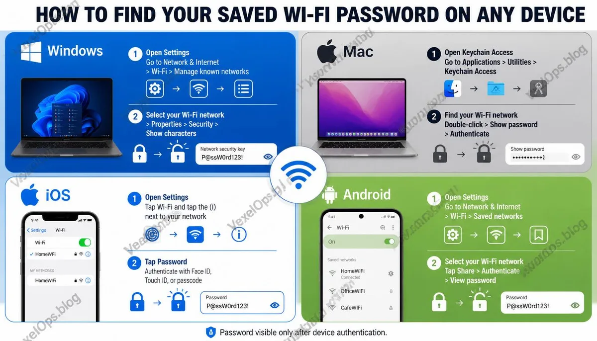 Infographic comparing methods to view Wi-Fi passwords on Windows, Mac, iPhone, and Android across four platforms.