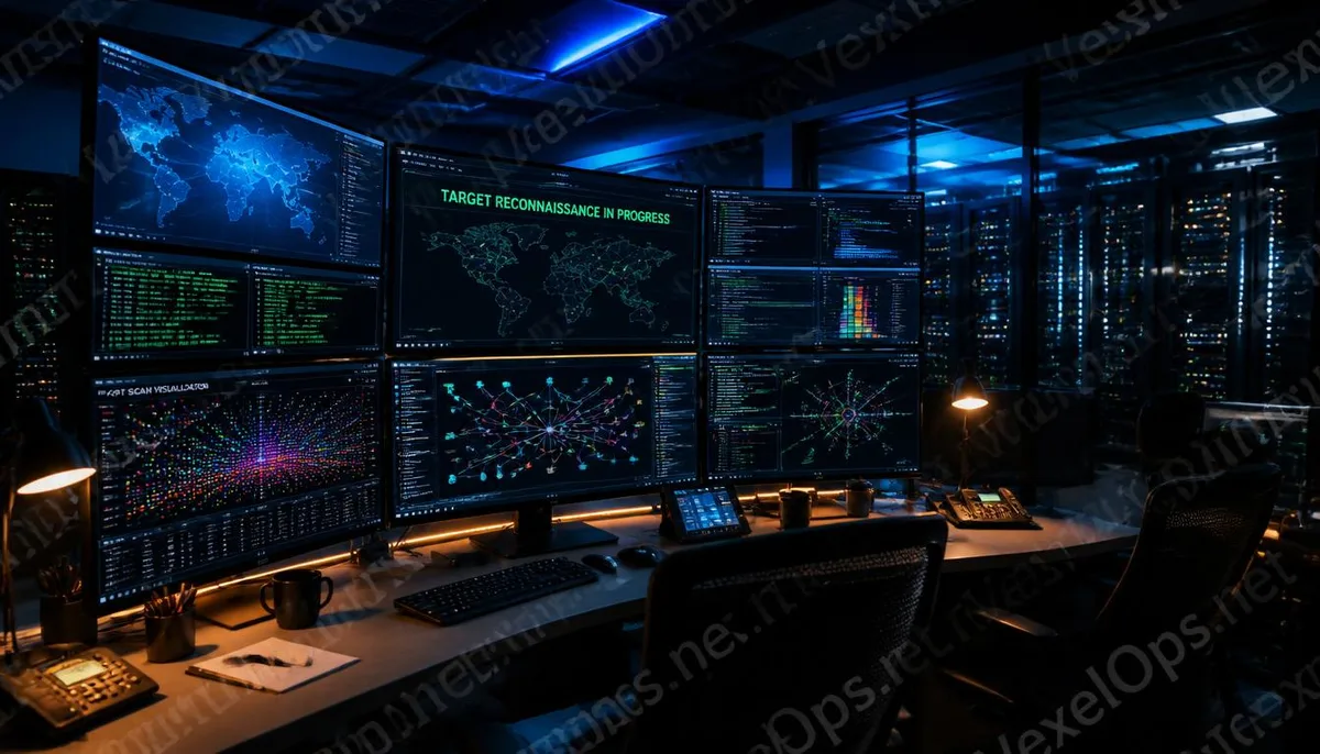 A cinematic panoramic cover image depicting a multi-screen reconnaissance operation in a cybersecurity operations center.