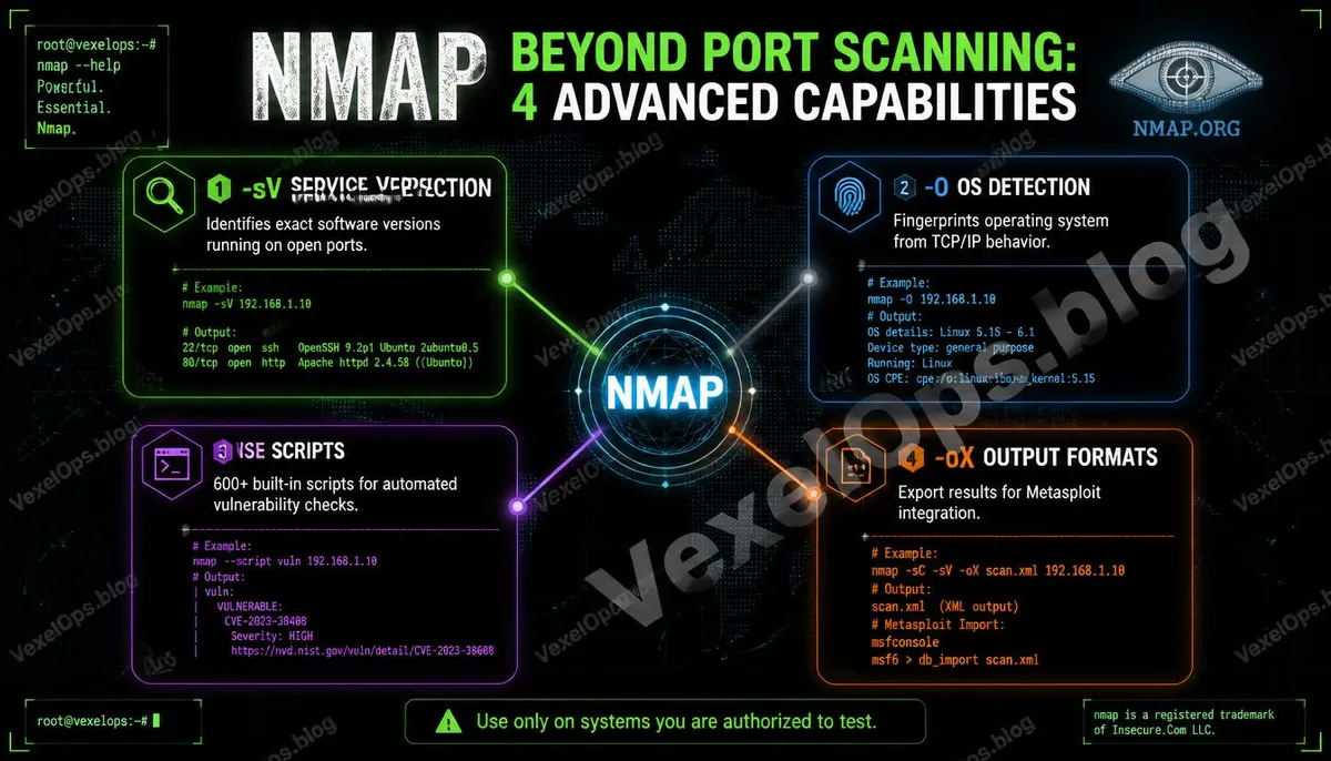 Infographic explaining Nmap's four advanced features.