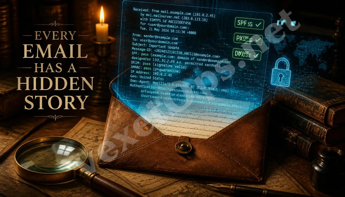 A dramatic cover image featuring an envelope layered with the digital email header code concept.