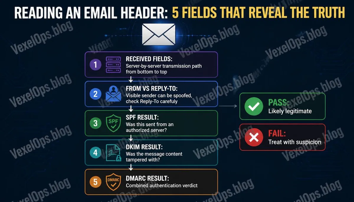 An infographic explaining the five key fields of email headers.