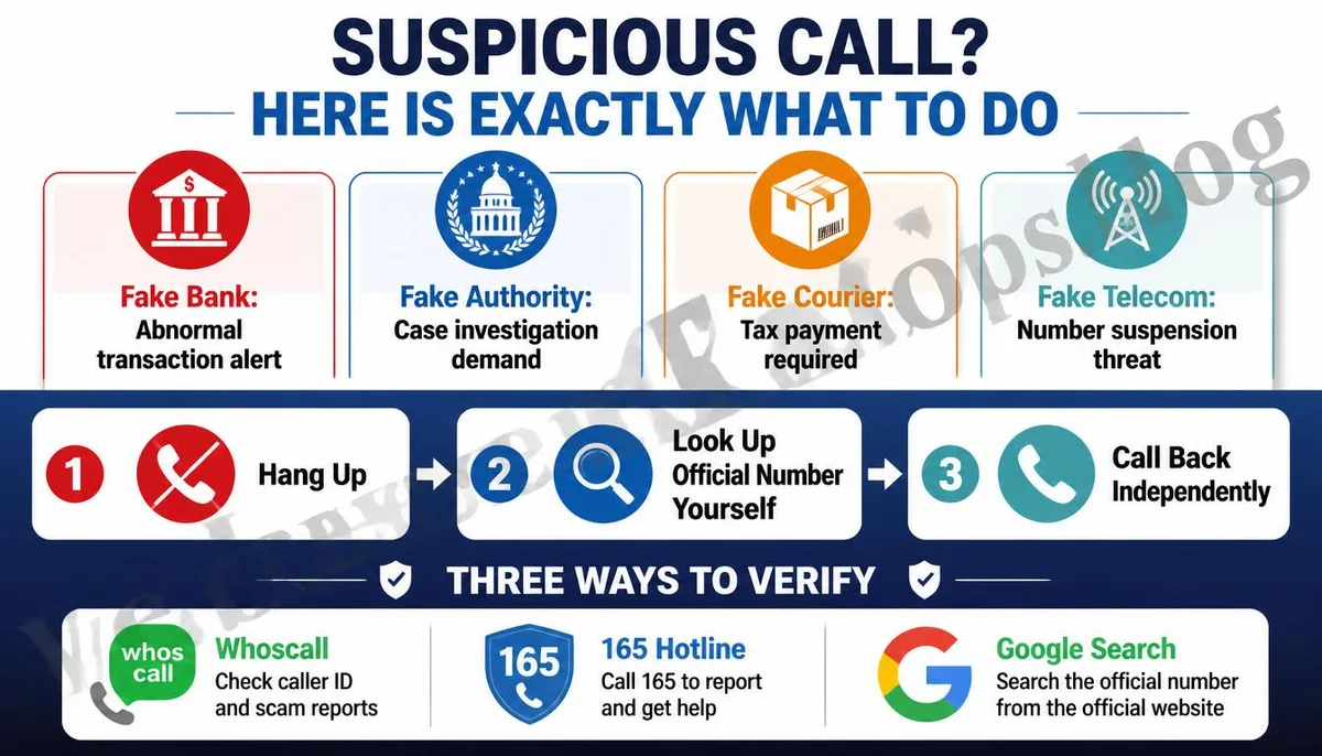 Infographic explaining four types of scam calls and three-step response process.