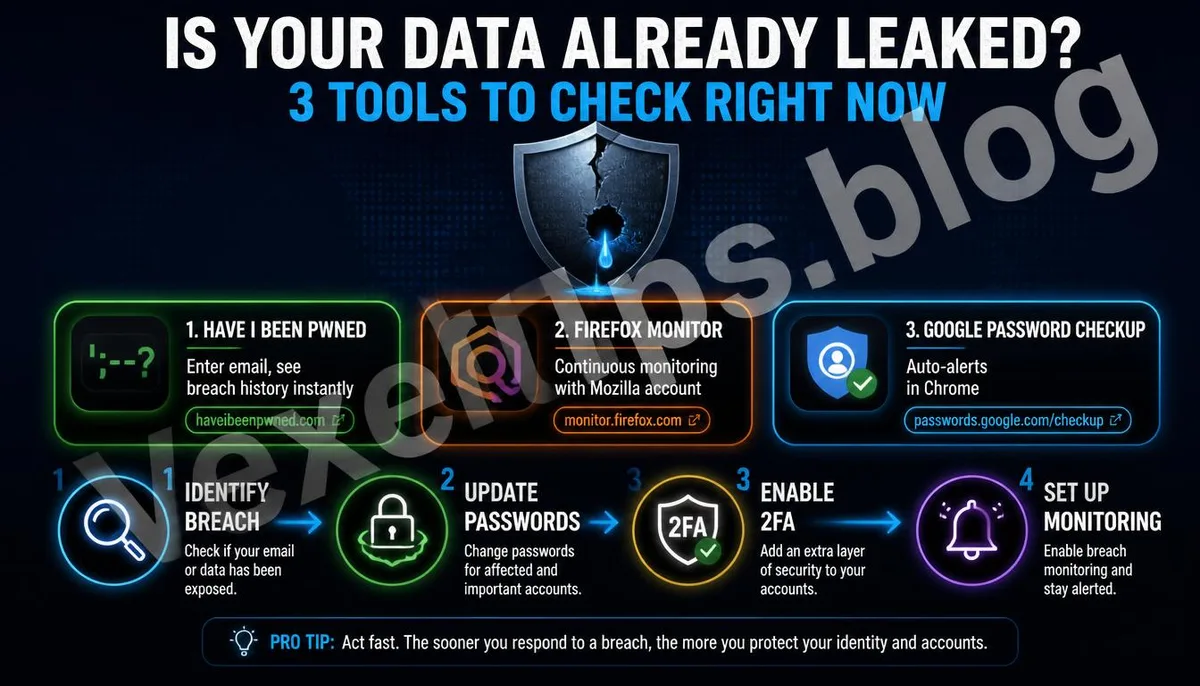 Infographic explaining three data leak query tools and a four-step response process.