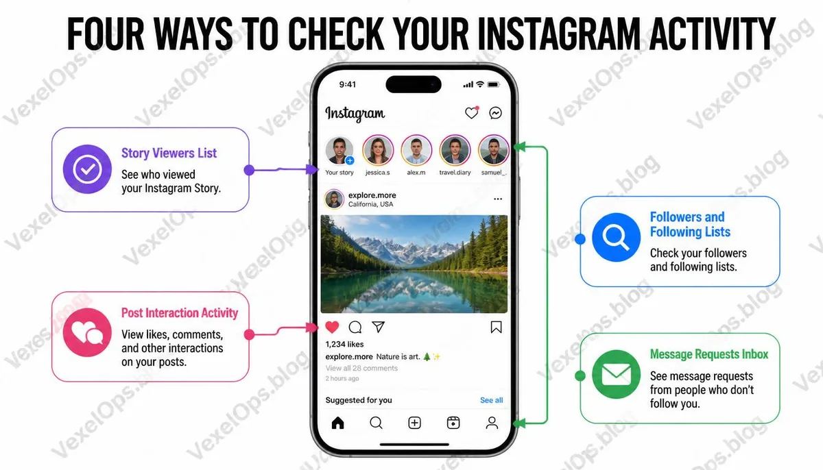Illustration of four features for checking unusual attention signs on Instagram accounts.