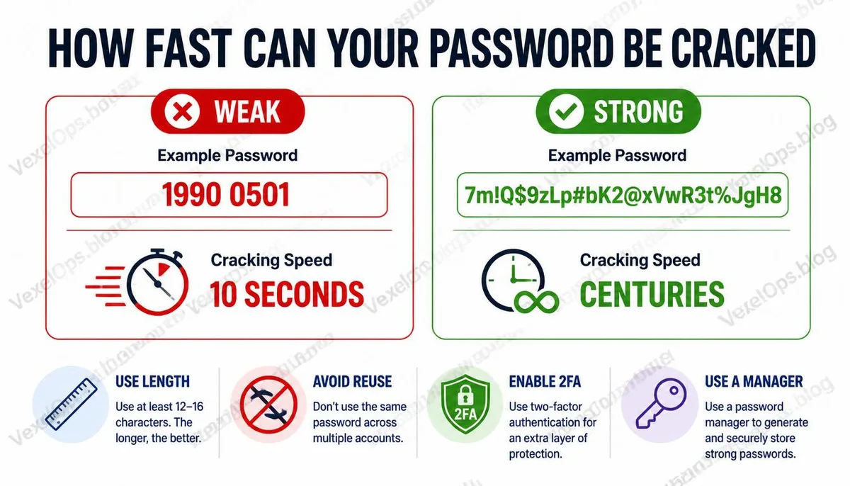 Information graphic comparing the speed of cracking weak passwords versus strong passwords.