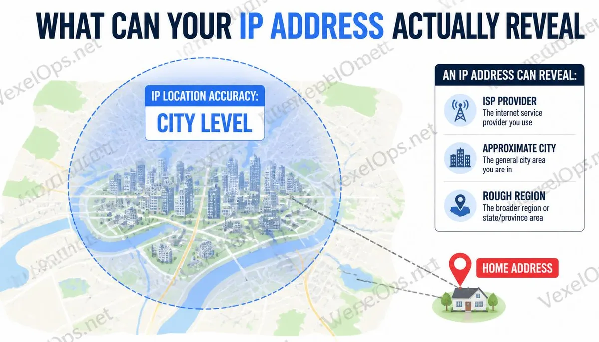 Illustration showing the accuracy gap between IP address location and actual residence.