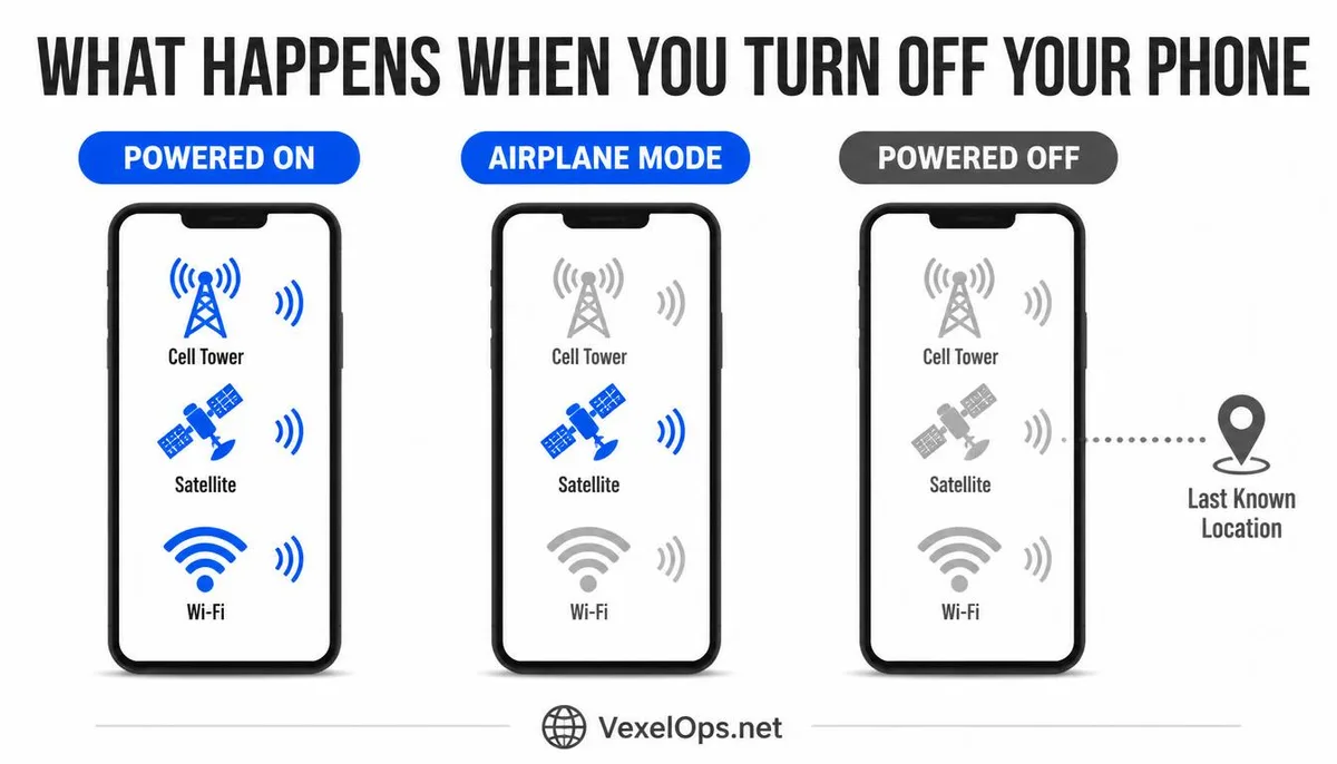 A comparative image of tracking features under three states: powered on, airplane mode, and powered off.
