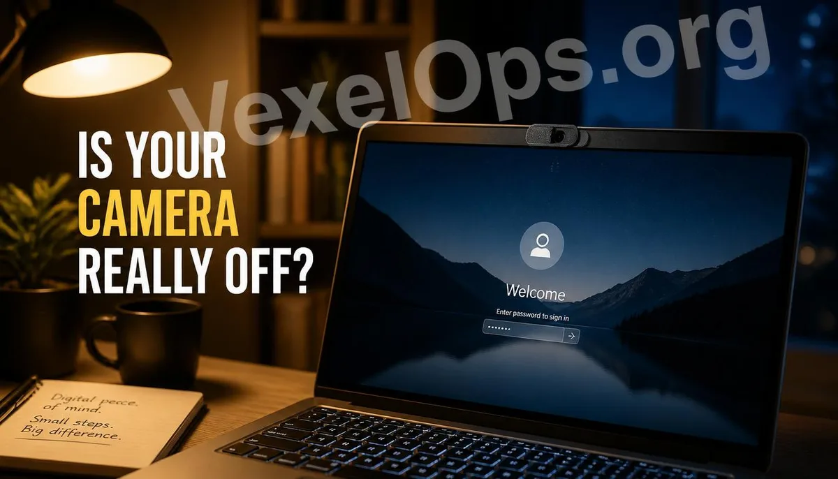 A desktop scenario featuring a laptop camera with a physical cover sticker.