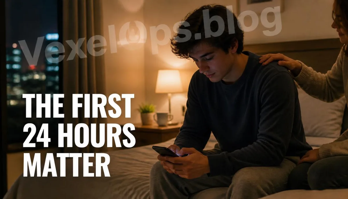 Cover image of a supportive companion facing a situation of private video leaks at night.