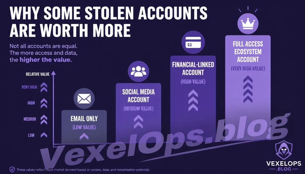 Comparative infographic showing the relative value of different types of accounts in the black market.
