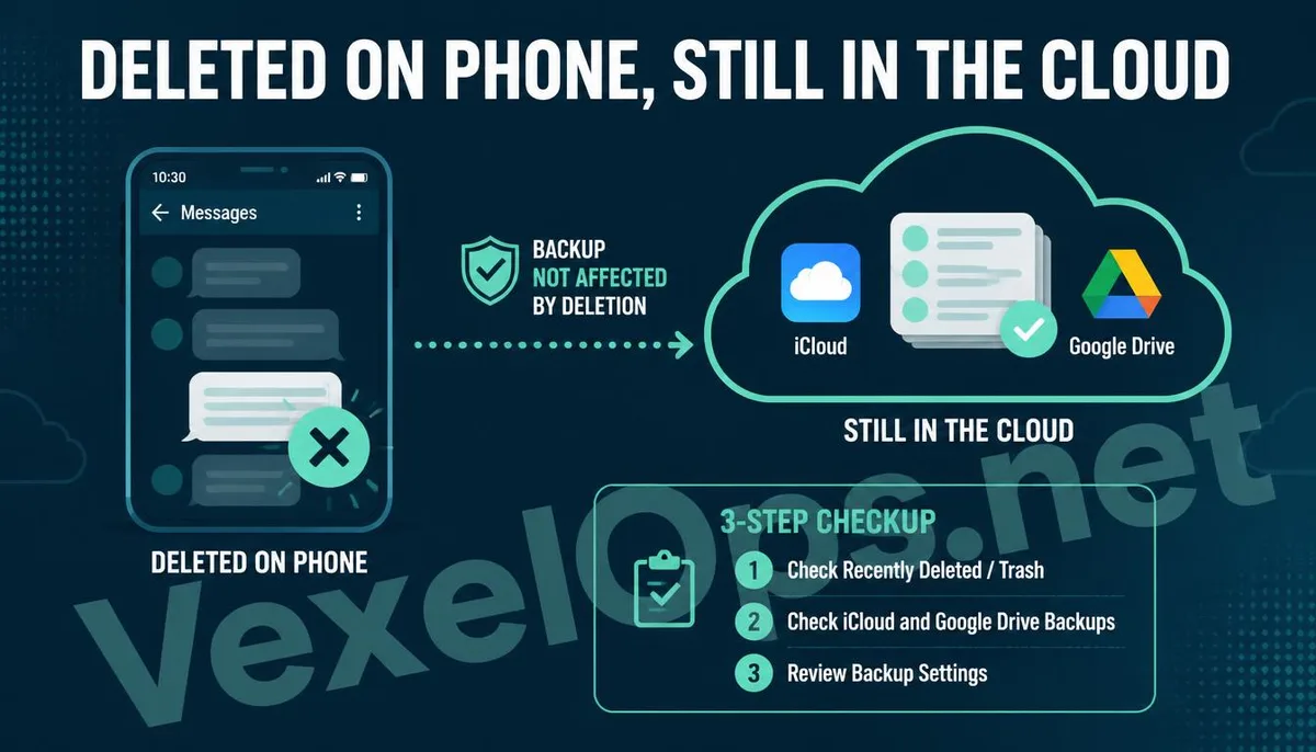 Illustration showing the discrepancy between deleted messages on a phone and remaining data in cloud backup.