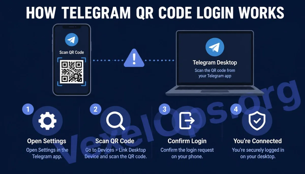Illustration of Telegram QR Code login mechanism and device checking steps.