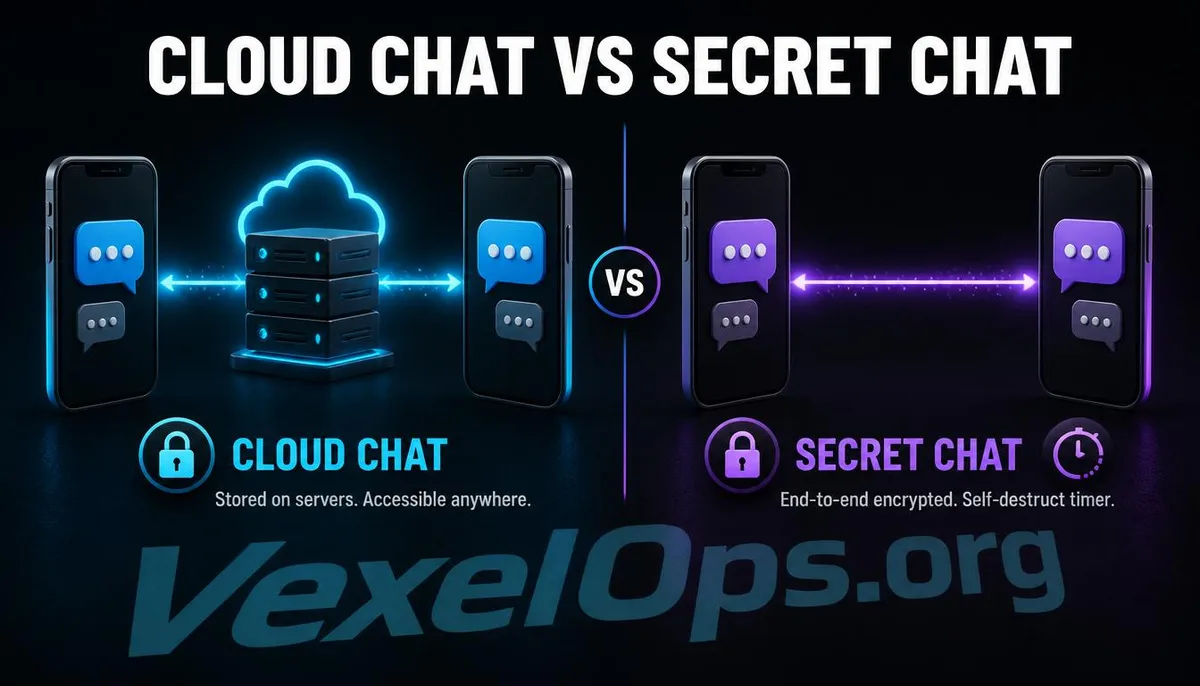 Illustration of the encryption pathways difference between Telegram regular chats and secret chats.