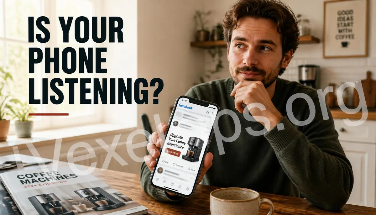 A user holding a phone with an ad related to a coffee maker on the screen, corresponding to a coffee maker catalog on the table.