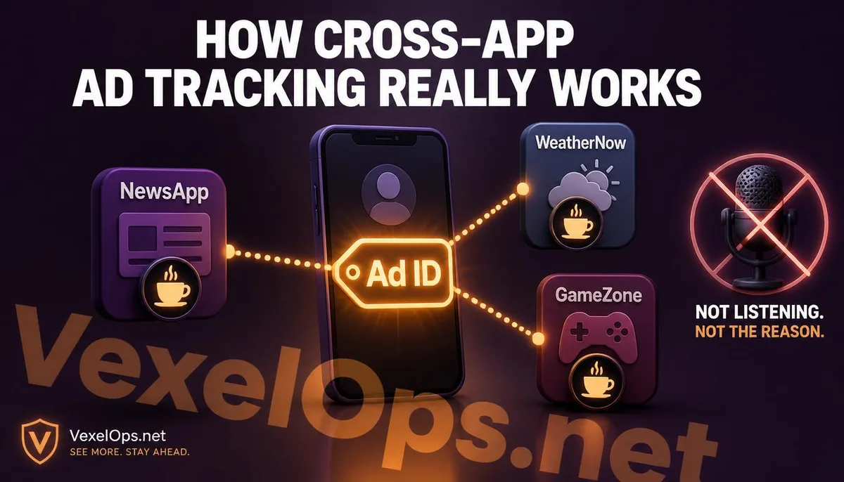Illustrative diagram of cross-app tracking operation through advertising identifiers, with eavesdropping option crossed out.