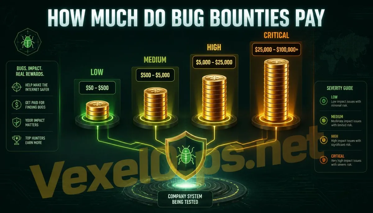 A diagram illustrating the severity levels of vulnerabilities and corresponding reward tiers.