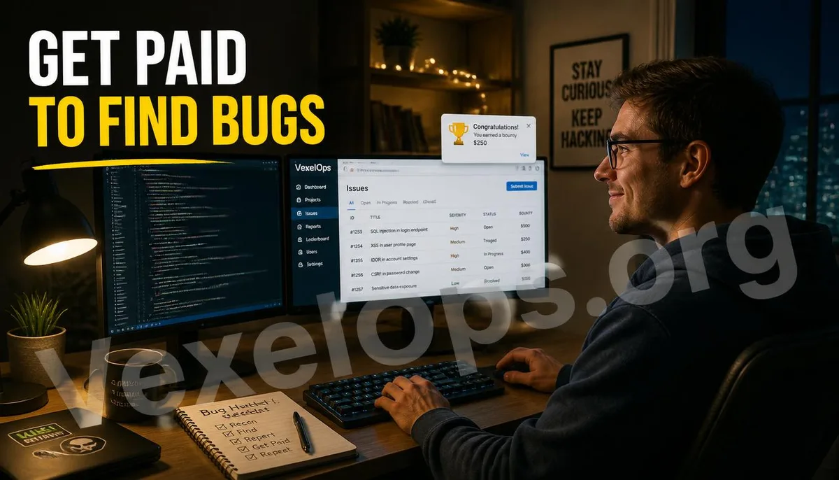 A developer checking notifications from a bug bounty platform late at night in front of multiple screens.