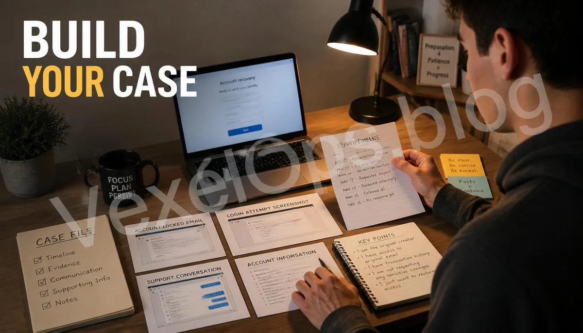 A user systematically organizing evidence for an account recovery appeal.