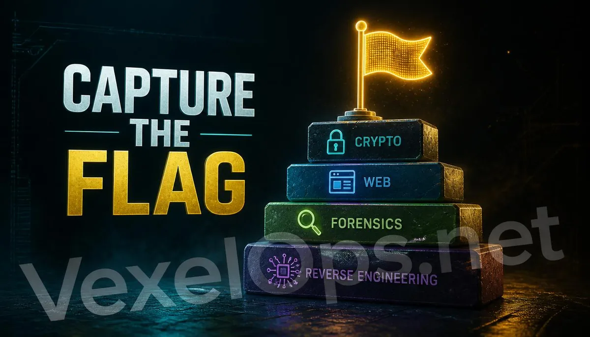3D concept cover image of CTF competition with flags planted in different topic classification boxes.