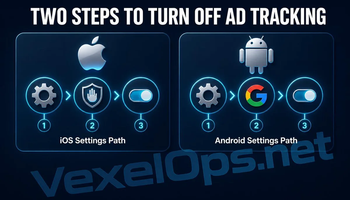 A comparison image showing paths to disable advertising identifiers on iPhone and Android.