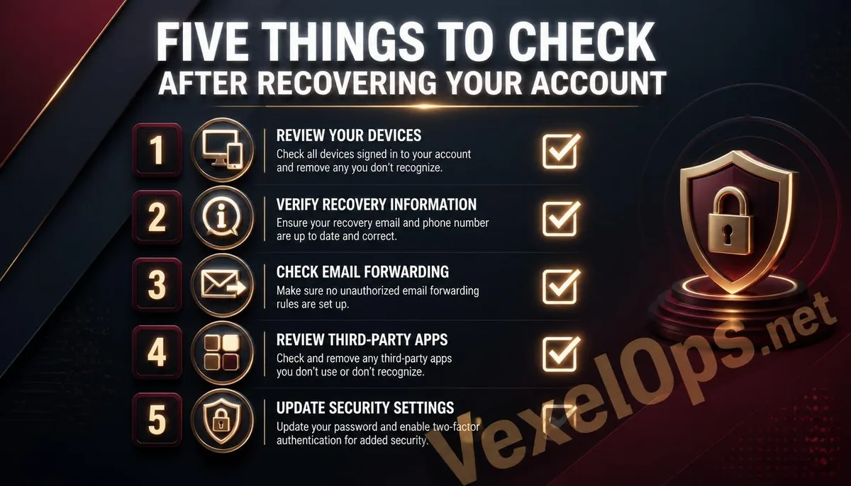 A visual checklist for five security checks after recovering an account.