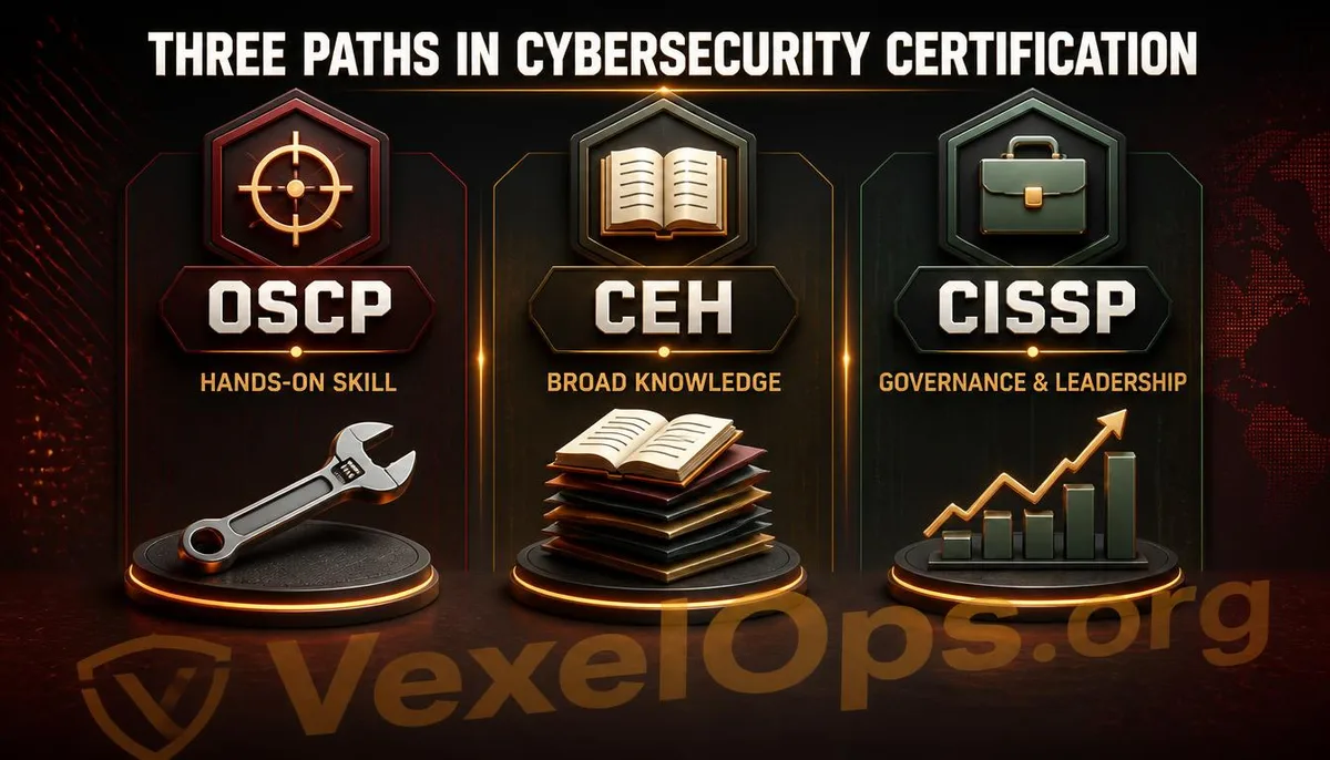 Comparison chart showing the positioning differences of OSCP, CEH, and CISSP certifications.
