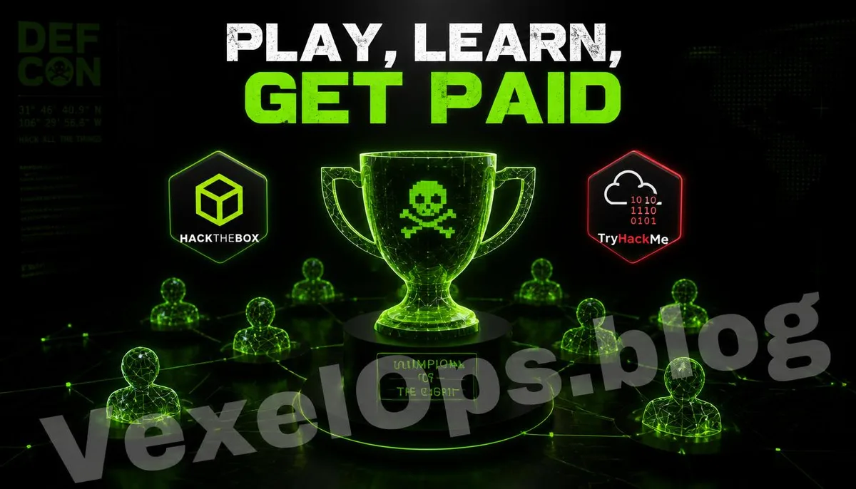 A 3D cover image depicting the CTF competition trophy combined with the brand colors of DEF CON, HackTheBox, and TryHackMe.