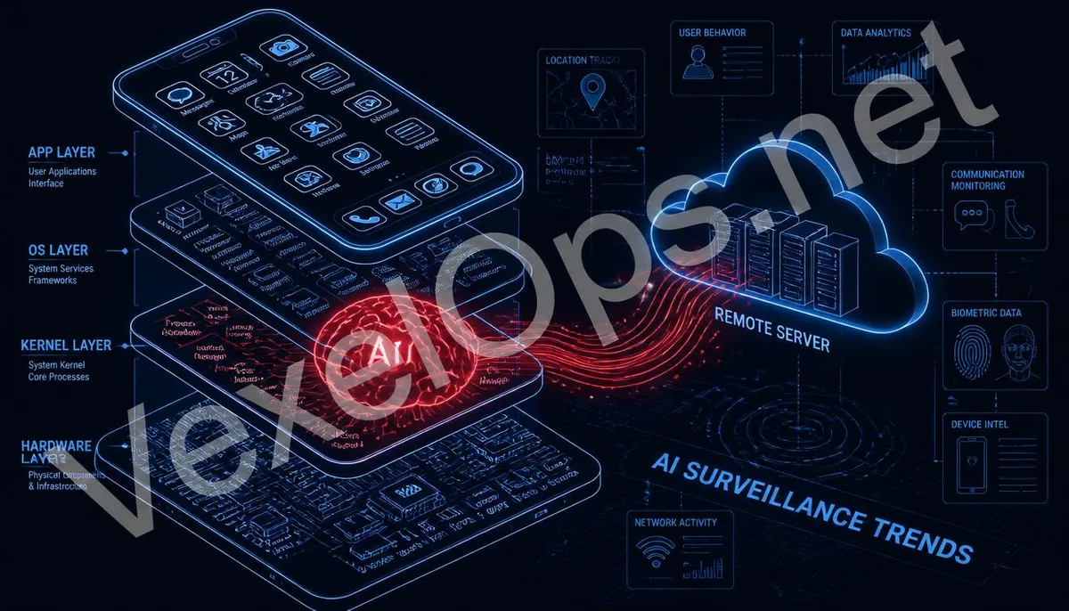 Isometric style illustration showcasing the core of AI surveillance infiltration systems, featuring the VexelOps brand watermark and the latest technological trends.