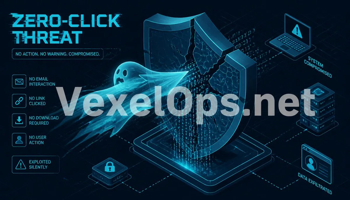 Isometric illustration revealing the technical details of how zero-click vulnerabilities bypass defenses, featuring the VexelOps anti-theft watermark.