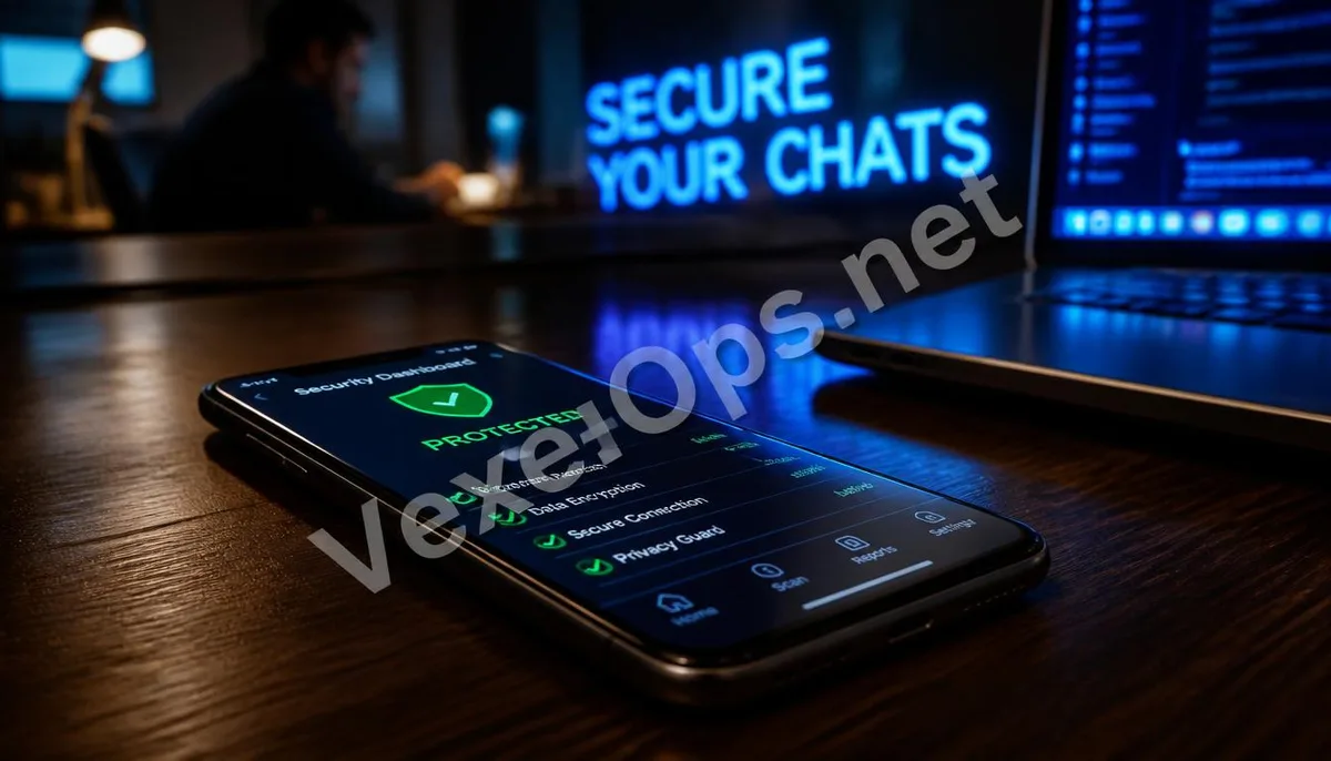 Realistic photography showcasing a protected smartphone with a security monitoring interface, emphasizing communication safety in social media.